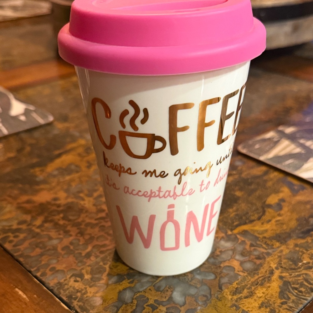Pink-Lid Coffee Travel Mug with Pink & Gold Lettering